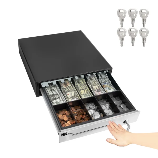 BUEROTIKA BC110D Cash Drawer | 470x148x475mm | Secure Locking | Adjustable Bill & Coin Compartments | POS-Compatible | Auto-Open | Durable & Sleek Black Design - Image 3