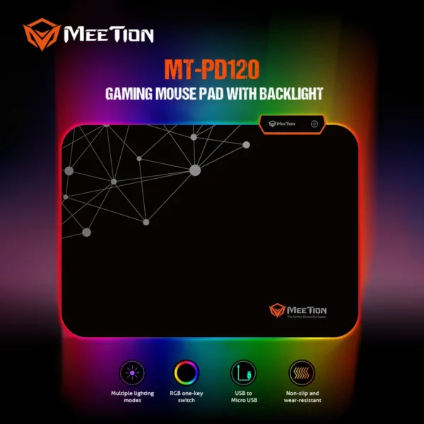 Meetion PD120 RGB Gaming Mouse Pad – Non-Slip Rubber Base, LED Backlit, Plug & Play - Image 4