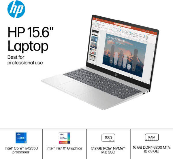 HP 15-FD0107DX Laptop, 15.6" FHD IPS Touchscreen Display, Intel Core i7-1255U Processor, 16GB RAM, 512GB SSD, Intel Iris Xe Graphics, English Keyboard, Windows 11, Natural Silver - Image 6