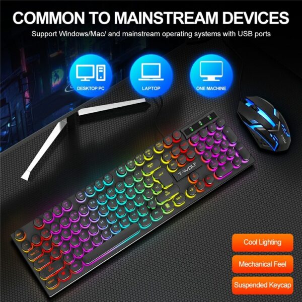 T-WOLF TF270 Colorful Light Effect Retro Gaming Wired Keyboard And Mouse Set - Image 3