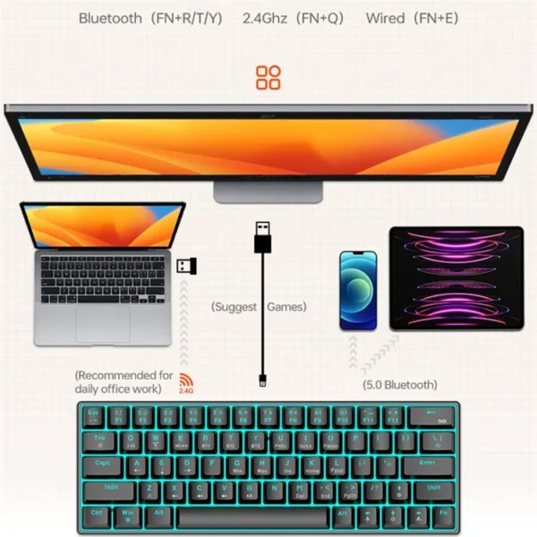T-WOLF T30 Mechanical Keyboard Wired + Wireless + Bluetooth-compatible 3-Mode RGB Gaming Keyboard 63 Keys - Mix Color - Image 8