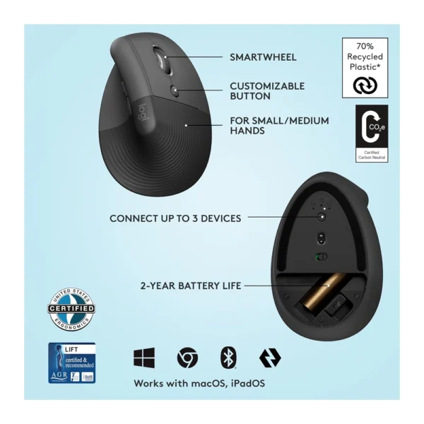 Logitech Lift Vertical Ergonomic Mouse – Graphite / Black - Image 4