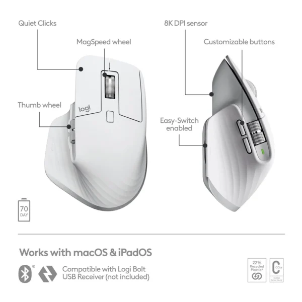 Logitech Wireless Mouse MX Master 3S 7 Buttons Logi Bolt USB Pale Gray (MAC) - Image 3