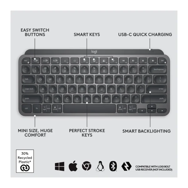 Logitech MX KEYS MINI - Compact Wireless Keyboard with Illuminated Keys and Easy-Switch Connectivity - Image 2