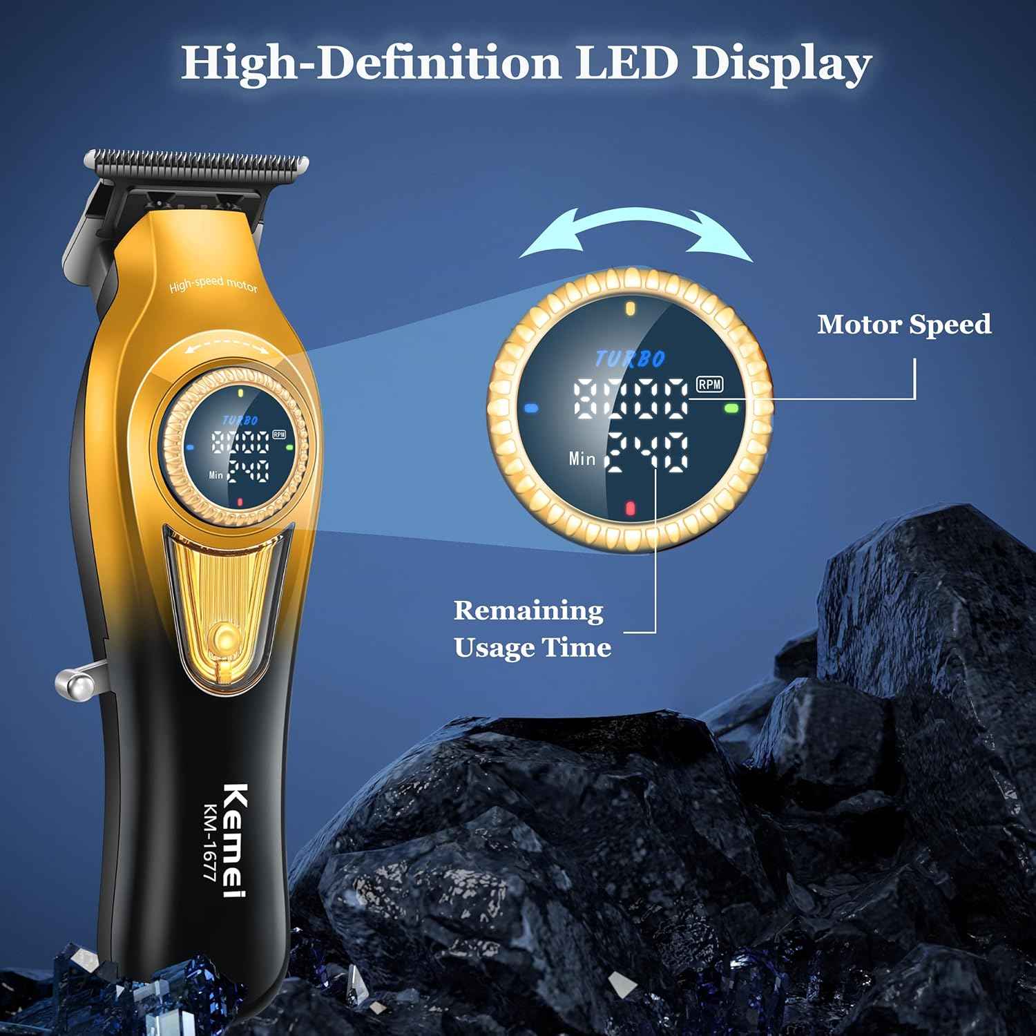 KEMEI 1677 Beard Trimmer for Men, Professional Hair Clippers, Cordless Barber Clipper with LED Display, DLC T-Blade Hair Trimmer, 8000 RPM Turbo Brushless Motor - Image 2