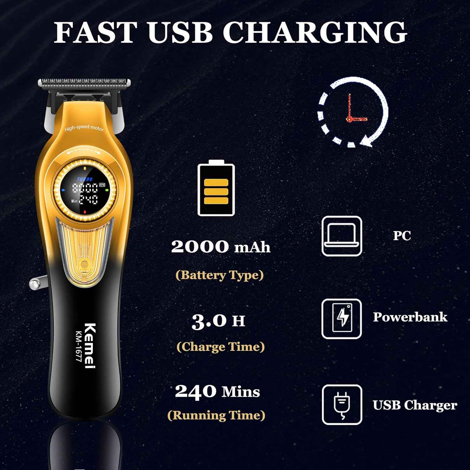 KEMEI 1677 Beard Trimmer for Men, Professional Hair Clippers, Cordless Barber Clipper with LED Display, DLC T-Blade Hair Trimmer, 8000 RPM Turbo Brushless Motor - Image 4