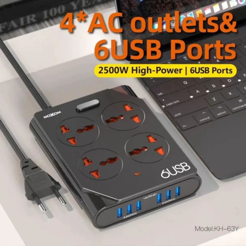 MOXOM UK PLUG EXTENSION SOCKET WITH 4 ANTI STATIC UNIVERSAL POWER SOCKET 6 USB PORTS CHARGER ADAPTER OUTPUT 3.4A SURGE PROTECTOR POWER STRIP - 1.5meter KH-63Y - Image 3