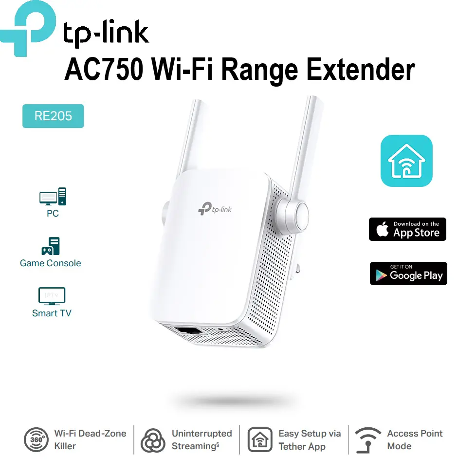 TP-Link AC750 Mesh Wi-Fi Range Extender RE205 ; Dual Band 2.4 GHz (300 Mbps) & 5 GHz (433 Mbps) ; Wi-Fi Dead-Zone Killer ; External Antennas ; Smart Signal Indicator ; Compatible with Windows, macOS, Linux | RE205 WHITE - Image 3