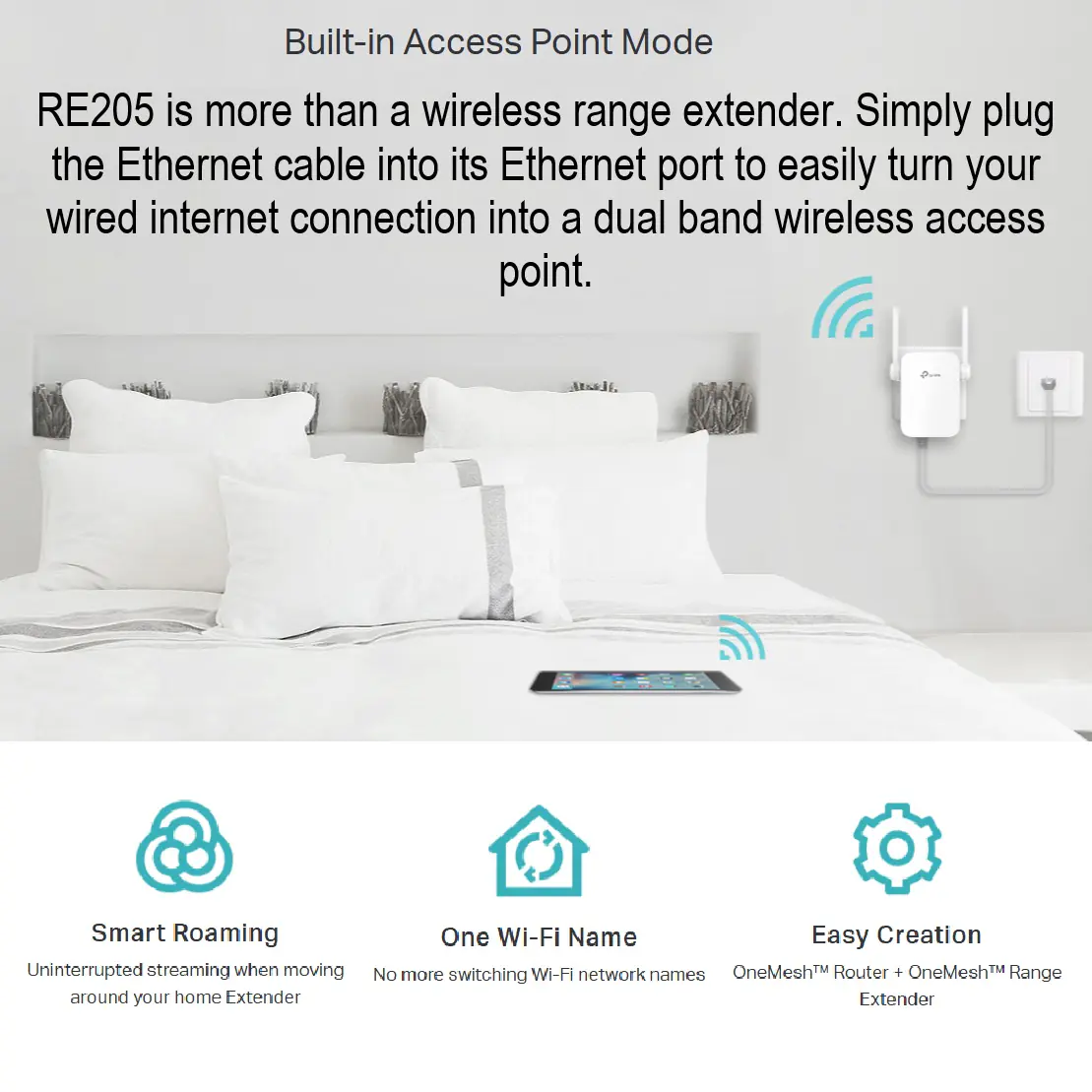 TP-Link AC750 Mesh Wi-Fi Range Extender RE205 ; Dual Band 2.4 GHz (300 Mbps) & 5 GHz (433 Mbps) ; Wi-Fi Dead-Zone Killer ; External Antennas ; Smart Signal Indicator ; Compatible with Windows, macOS, Linux | RE205 WHITE - Image 4