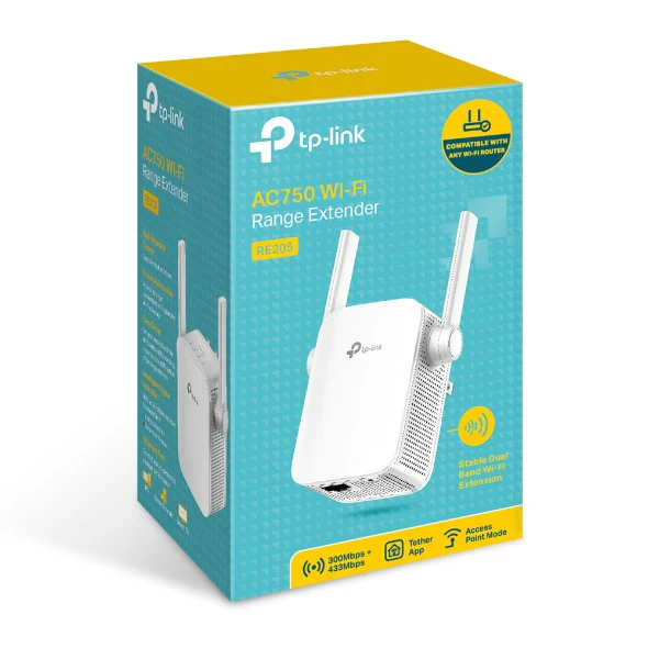 TP-Link AC750 Mesh Wi-Fi Range Extender RE205 ; Dual Band 2.4 GHz (300 Mbps) & 5 GHz (433 Mbps) ; Wi-Fi Dead-Zone Killer ; External Antennas ; Smart Signal Indicator ; Compatible with Windows, macOS, Linux | RE205 WHITE