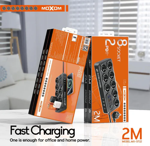 Moxom 14-in-1 High-Duty Power Strip – Multi-Socket Extension with USB Charging & Safety Protection - Black - Image 2