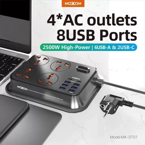 MOXOM Smart Anti-Static Power Socket 3.4A 6 USB Ports – 2 Type-C -BLACK- - Image 3